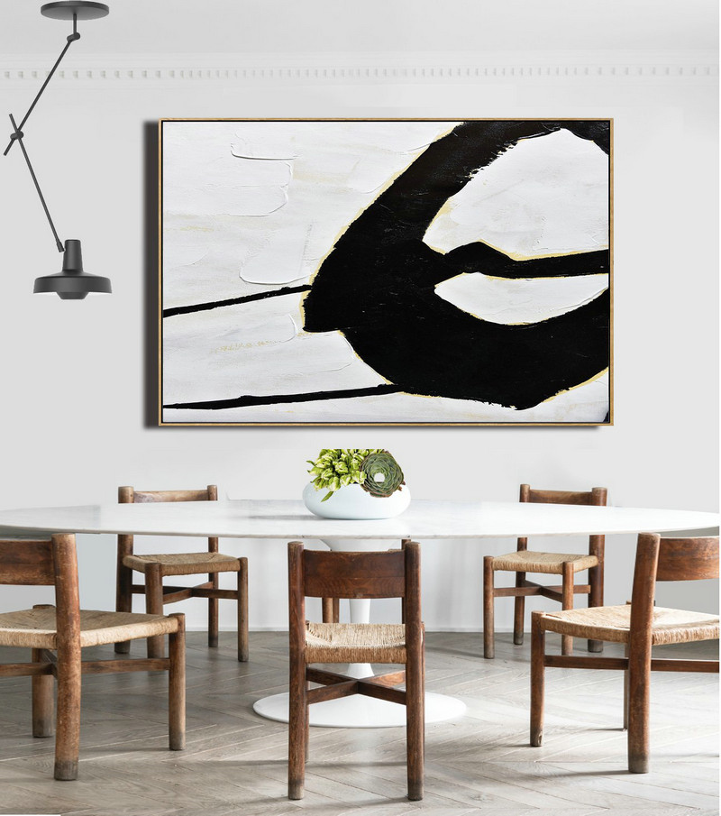 Modern Paintings On Canvas,Horizontal Palette Knife Minimal Canvas Art Painting Black White Beige - Hand Painted Abstract Art